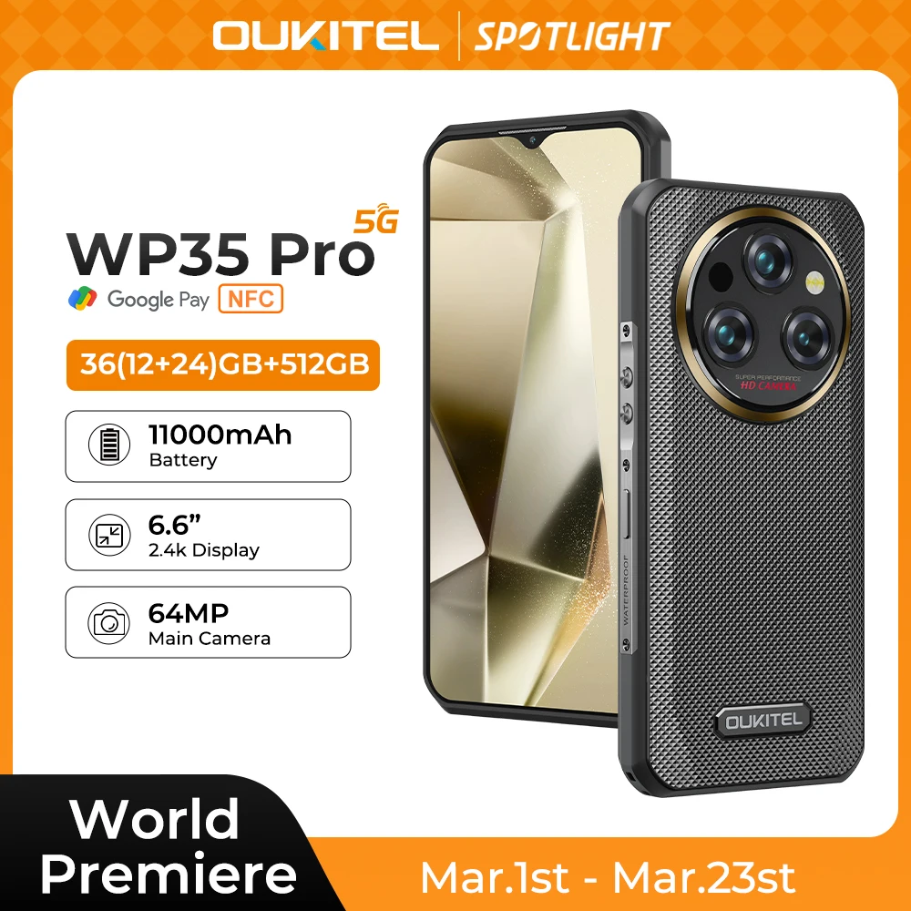 Oukitel WP35 PRO Rugged Smartphone, 5G, 11000mAh, 36GB + 512GB, Andiron 14, 64 MP, NFC Cell Phone