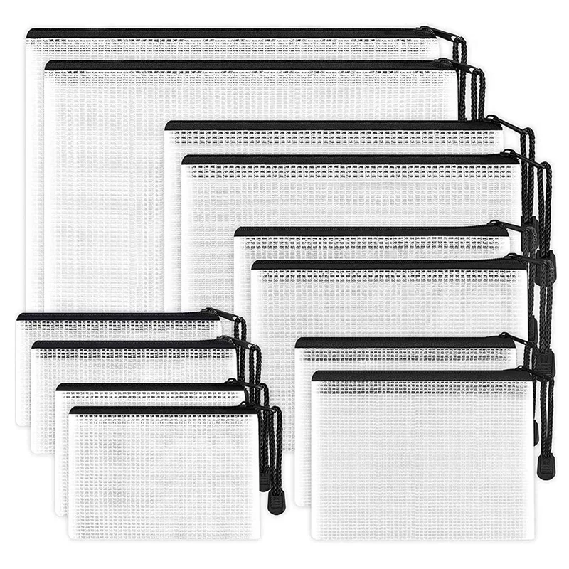 12Piece Plastic Mesh Zipper Bag Multifunctional Waterproof Folder Office Supplies,Multiple Sizes File Organizer