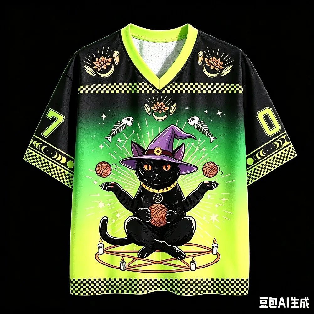 Fun Retro Cat 3 D Print Quick-dry Breathable Sports Men Women Vneck Loose Trend T-shirt Fashionable Street Y2K Parental Clothing