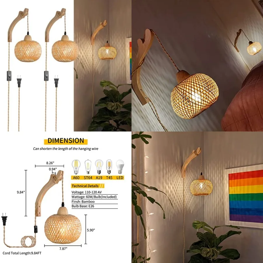 Frideko Bamboo Wall Sconces Set of Two Plug in, Boho Wall Lamp with Plug in Cord, Farmhouse Wall Light Fixtures with 9.84FT On/
