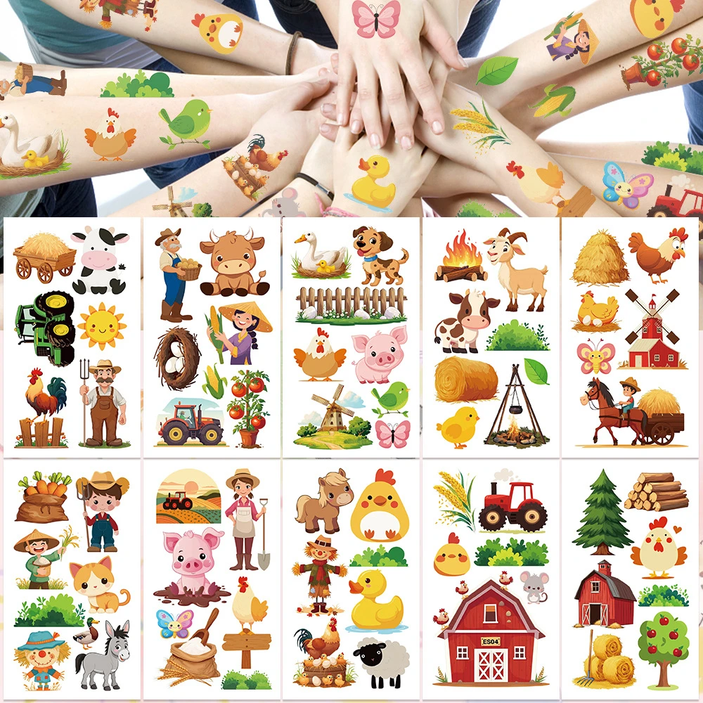 

10 шт./компл., временные татуировки с рисунком сельскохозяйственных животных, утки, наклейки Barnyard, корова, лошадь, трактор, свинья, овца, татуировка для подарка на день рождения