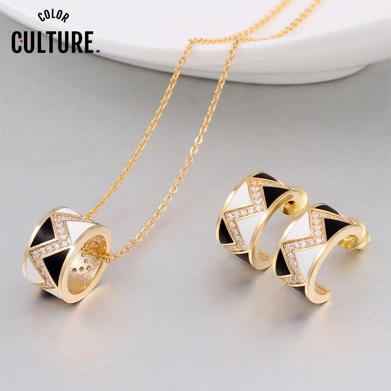 Color Culture Fashion Costume Jewelery Set  White Zircon Necklace Earrings Top Quality Enamel Gift