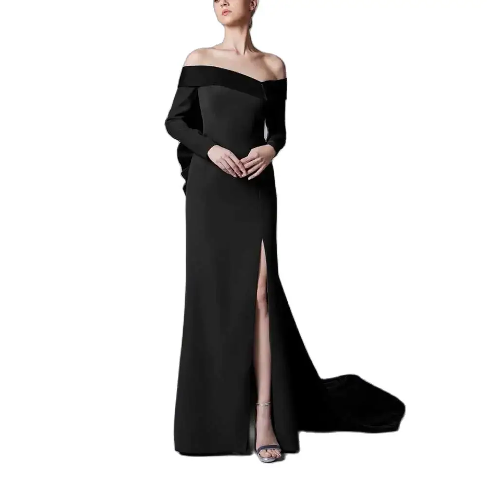 YUMDAI splendido ed elegante abito a maniche lunghe con spacco alto in velluto nero 2024 Dubai Luxury Wedding Party Large Tail Dress