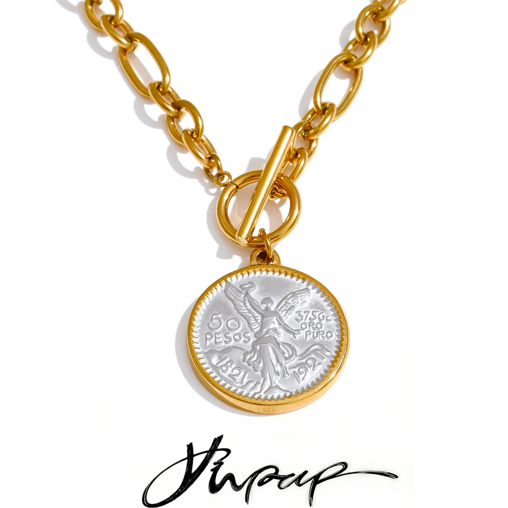 Yhpup Round Double Sided Angel Pendant Drop Necklace Stainless Steel Golden Chain Toggle-Clasps Statement Jewelry Waterproof