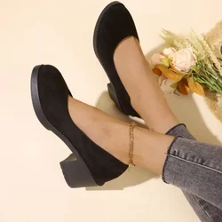 Scarpe da donna primaverili e autunnali di alta qualità alla moda punta tonda bocca poco profonda tacco medio in pelle scamosciata Slip-On tacchi alti da donna