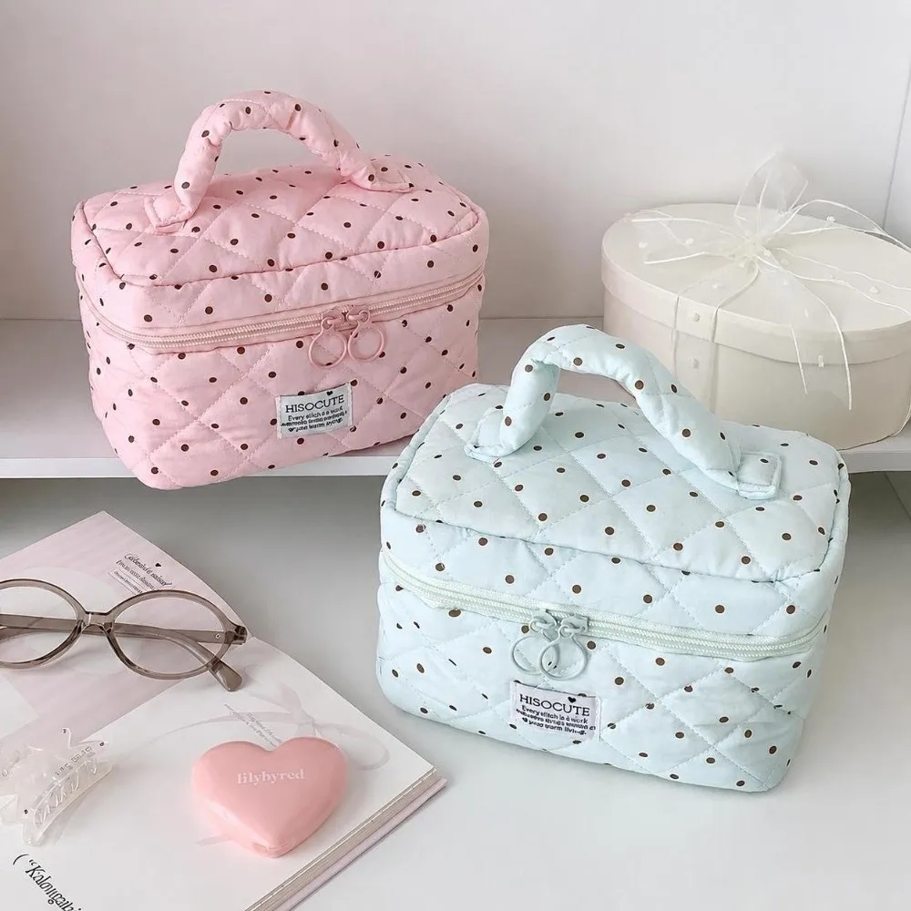 Polka Dot Pattern Quilted Makeup Bag With Handle Multipurpose Travel Toiletry Organizer Large Capacity Cosmetic Bag Women
