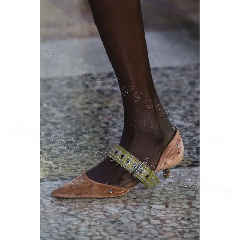 Orange Corduroy Crystal Rivets Pointed Toe Pumps Buckle Strap Women Shoes Thin High Heels Party Runway 2026 Zapatos Para Mujere view 3