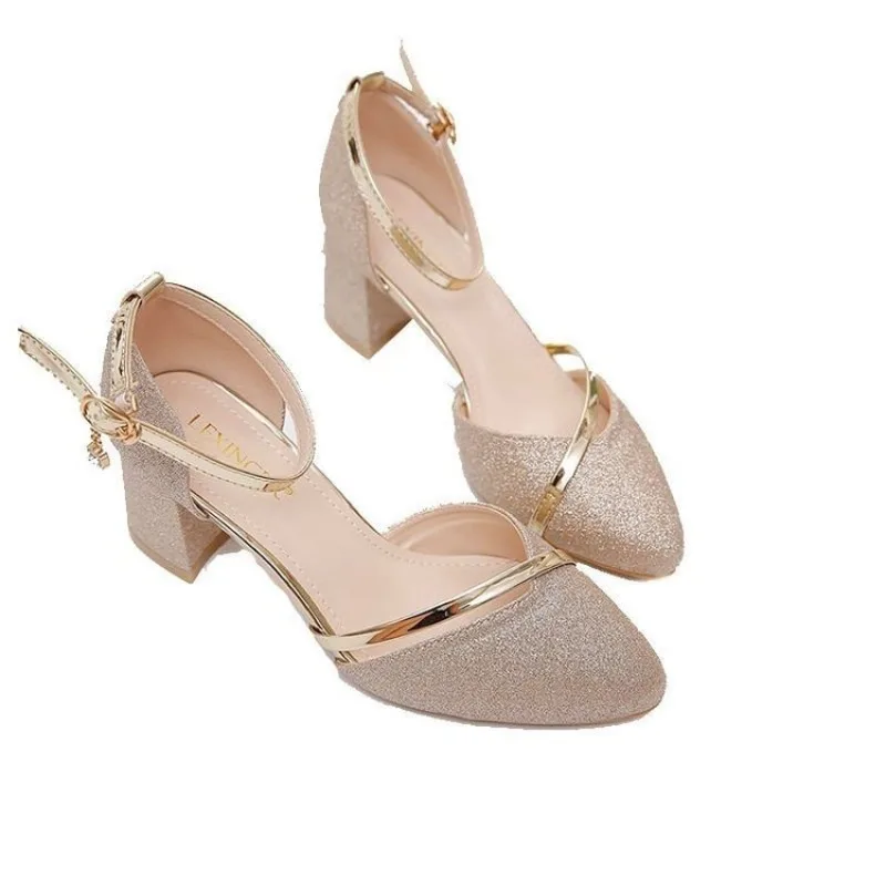 Women's Glitter Chunky Block Heel Pumps Ankle Strap with Rhinestone, Closed Pointed Toe Dress Shoes for Wedding Bridesmaid Party view 4