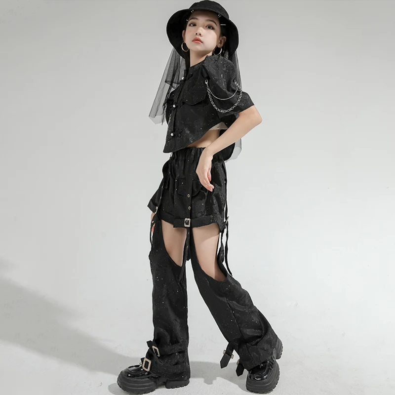 Disfraz de baile de Jazz para niñas, traje negro con abrigo y pantalones, ropa de Hip Hop, traje de actuación de escenario de grupo de pasarela, BL13315