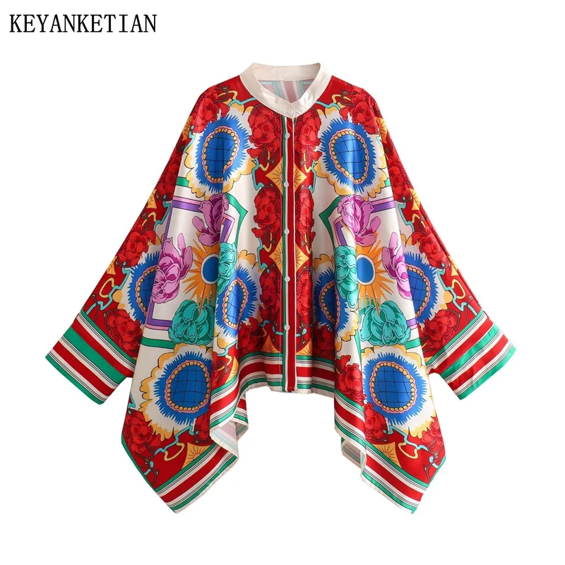 KEYANKETIAN 2024 New Launch  Ethnic style Totem Print Women\'s Batwing Sleeve Smock Loose Shirt Spring Asymmetrical Blouse Top