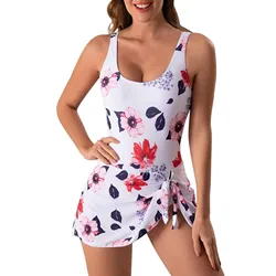 Knotted Flower Print One-Piece Swimsuit Dress For Women Sexy Cami Straps Monokini Swimwear 2024 Bathing Suit Beachwear