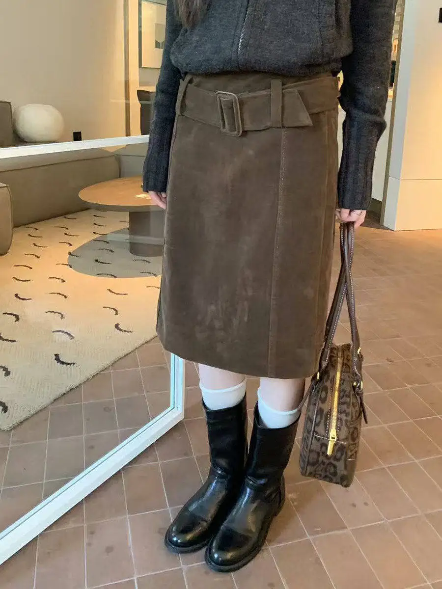 

Linyunyun Vintage Brown Wrap around Skirt High Waist Deer Skin Velvet Ele Sle Women's Faion Casual Skirts