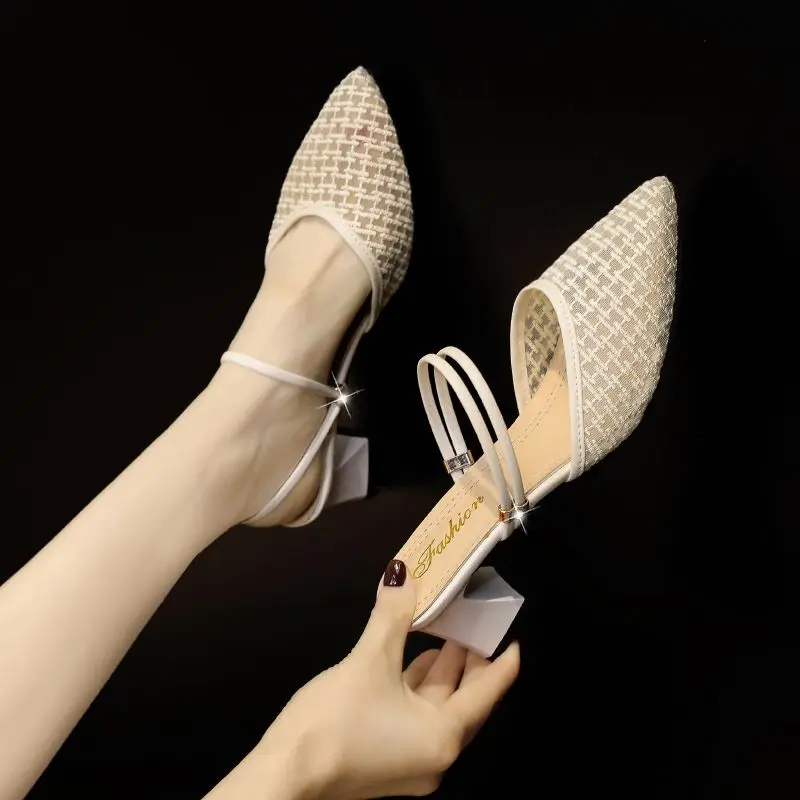 2023 Summer Sexy Pointed Toe Sandals Thin Strap Mulles White Yellow Women Shoes Elegant Women Fashion Square Heels Slippers