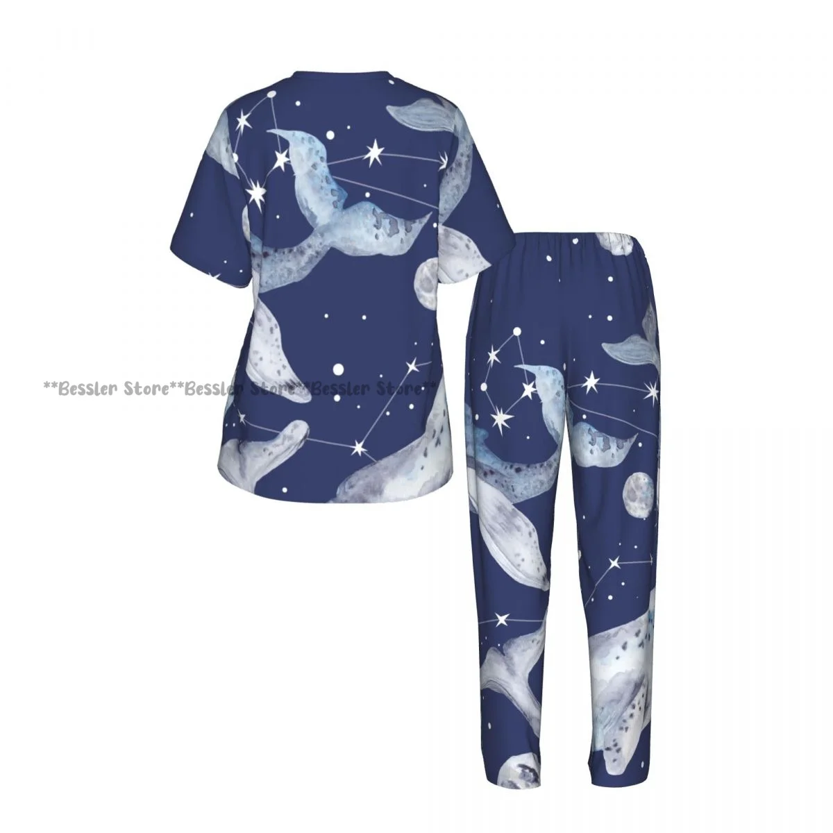 Women's Whales And Constellation Stars Watercolor short sleeve trousers casual pajamas set view 3