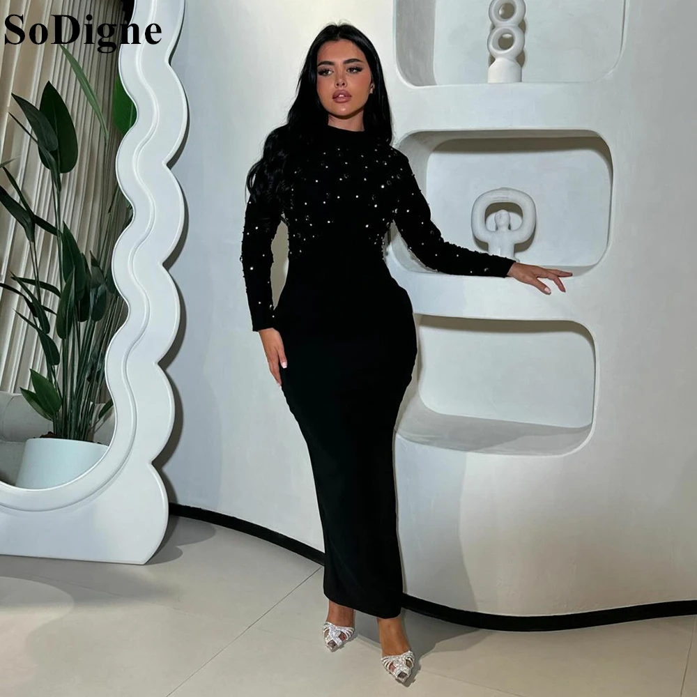 SoDigne Elegant Black Evening Dresses O-Neck Beading Mermaid Ankle Length Modest Party Dress 2024 Formal Prom Gowns Customized