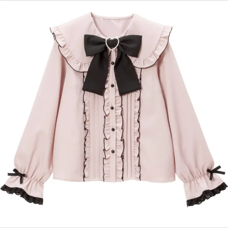 Blusas Mujer De Moda 2024 Vintage Peter Pan Collar Design Sense Bowknot Shirts Single-breasted Kawaii Women Sweet Lolita Blouses