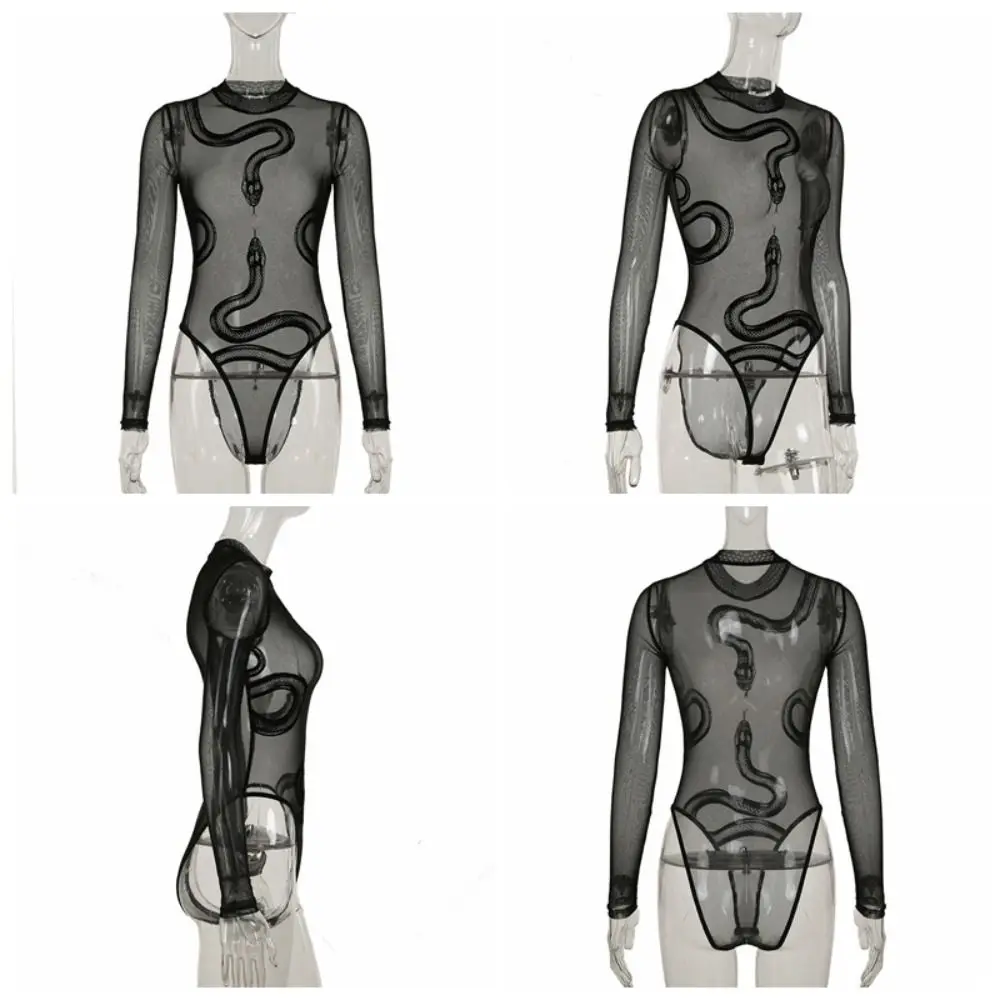 Patchwork Snake Long Sleeve Lace Jumpsuit Transparent Seamless Mesh Thin Shapewear Romper Long Sleeve Slim Fit Bodysuit Female