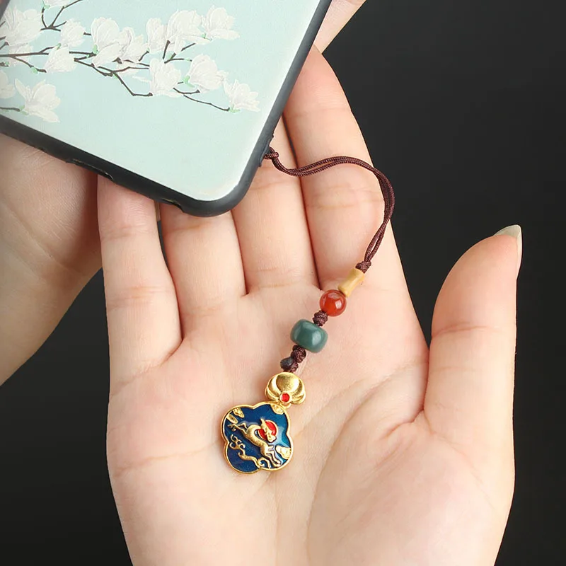 DIY accessories Retro Chinese style mobile phone chain sand gold Jingtai blue lotus pendant mobile phone lanyard creative gift U