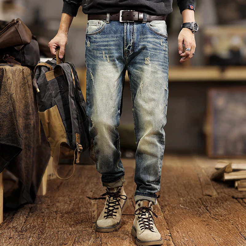 جينز أمريكي كاجوال ملابس الشارع للرجال |   مغسول ومتعثر مع بنطال جينز ضيق مدبب