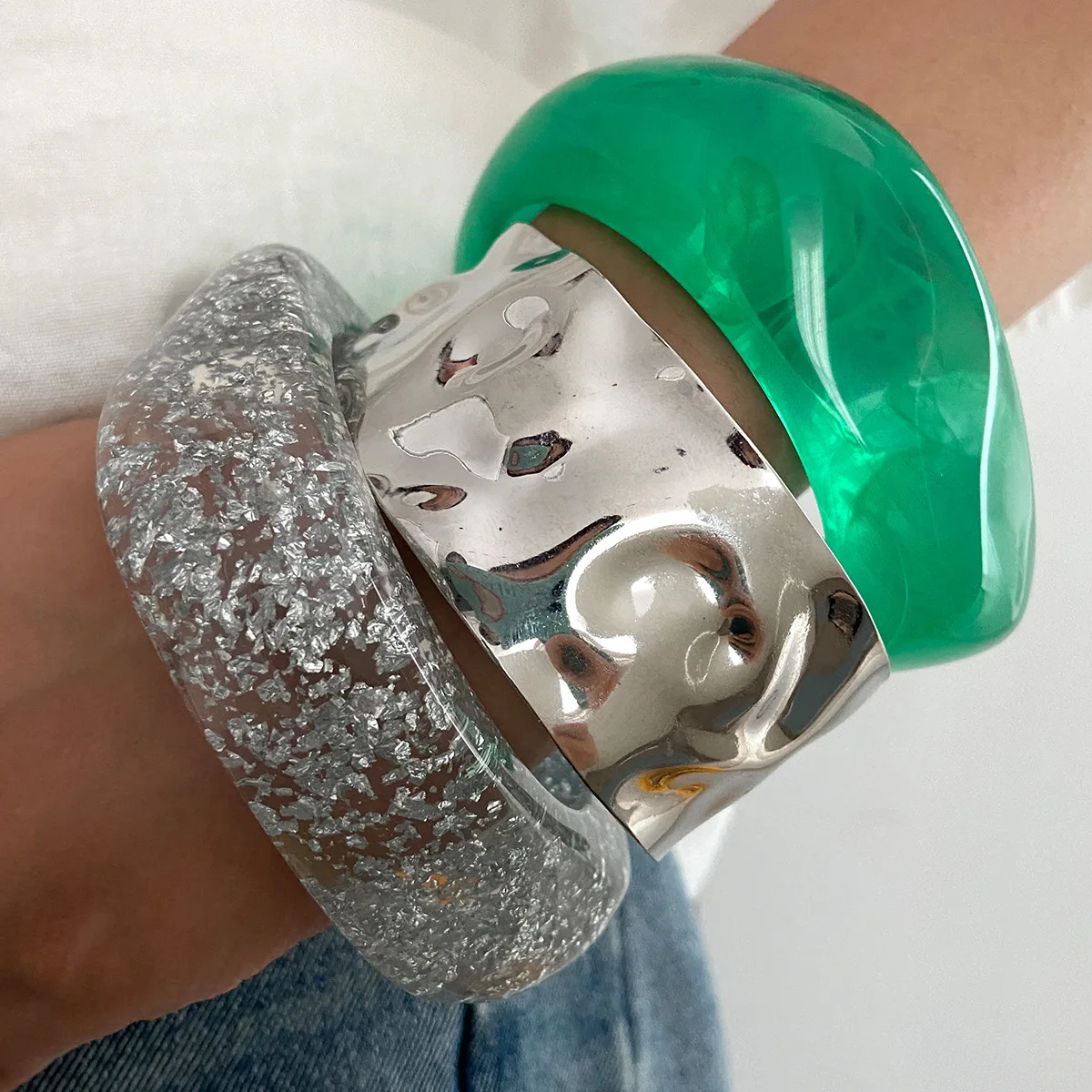 Vintage Punk Green Thick Resin Acrylic Smudging Bangles Geometric Irregular Wide Cuff Bangle Bracelet For Women Pulseras Jewelry