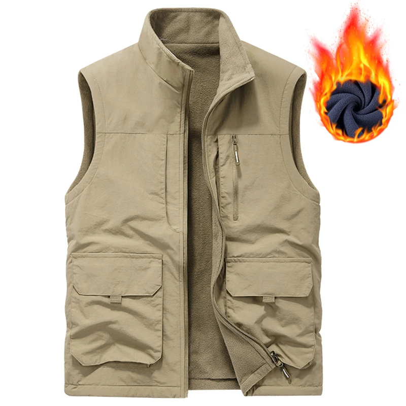 

Men Winter New Fleece Warm Thick Vest Jacket Outdoor Photography Fishing Windproof Waistcoat Stand Collar Multi-Pocket Vest Male