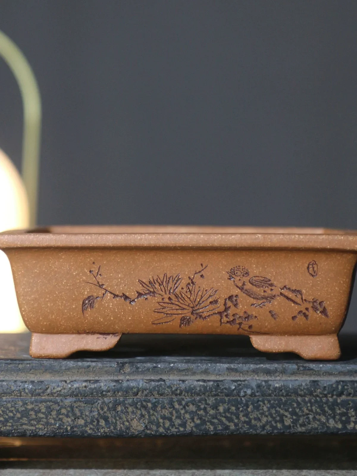 Ceramic Handmade CarvedPottery  Bonsai Pot, Autumn Chrysanthemum ,Tradition Chinese Pattern Cubicles Home Desk Garden Decoration