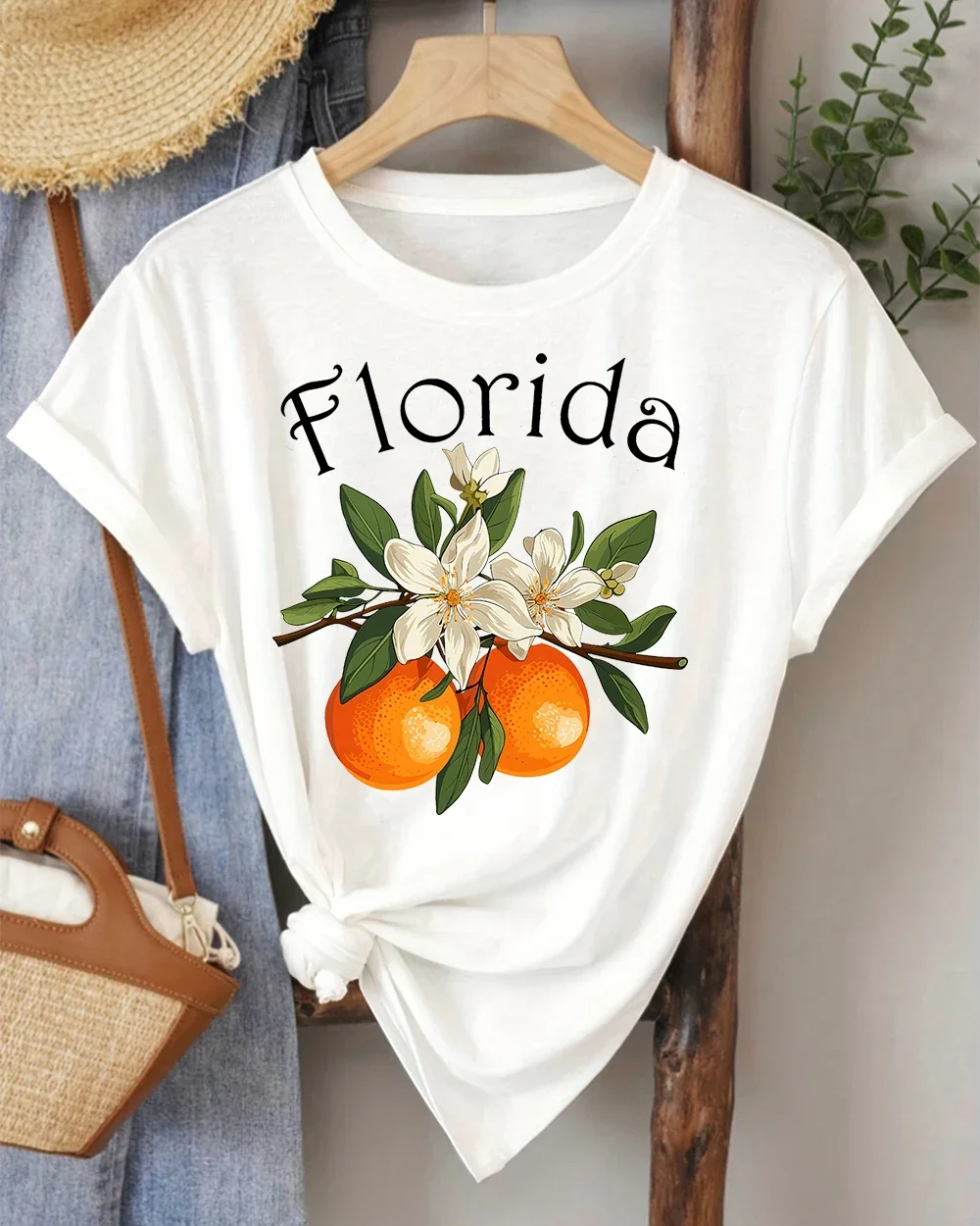 Florida Oranges Fruits Print Retio T Shirt Female Summer Casual O-Neck Top Women Basics Slim Clothes Comfortable Short Sleeve