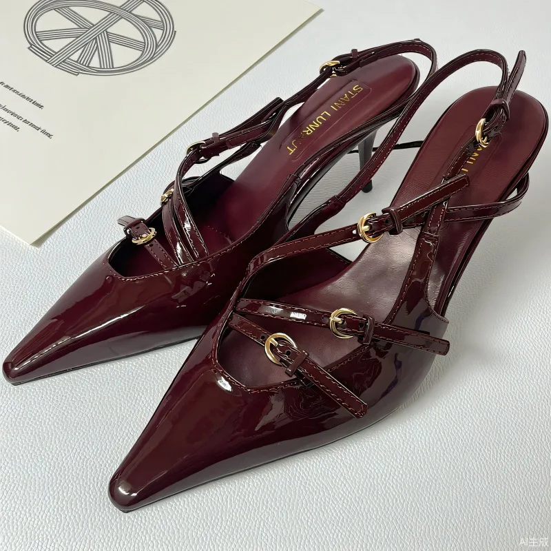 Summer patent leather fine heeled toe cap sandals for women, with a straight buckle and cat heel, pointed toe, and high heels