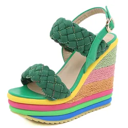 Platform Women Shoes Summer Gladiator Sandals Hemp Rainbow Wedge High Heel Shoes Women Custom Candy Color Weave Sandals WSH4564