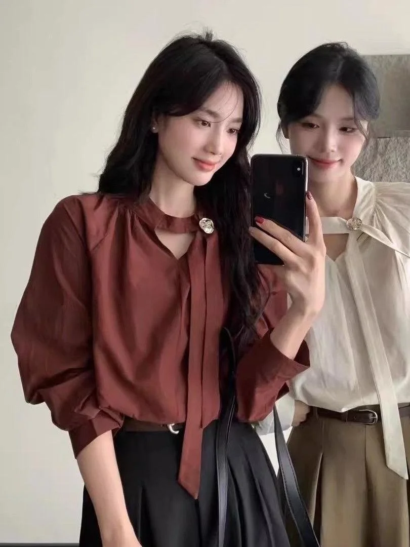 

Ele V-Ne Long Sve irt Women's Commute Faionable irt Sli Top Korean Sle Straight Cut Polyester Fabric