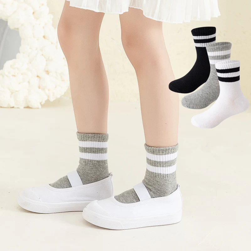 Kids Classic Two Striped Cotton Crew Socks Retro Old School Children Baby Boys Girls Socks Hiphop Skate White School Socks Black