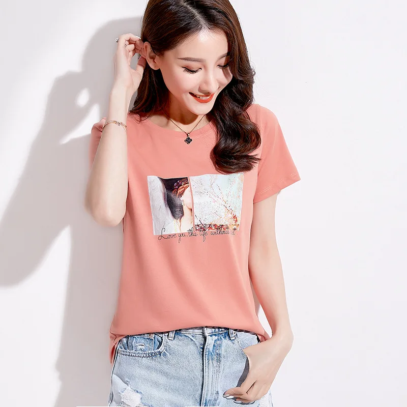 

2022 Summer New T Shirt Women Cotton Print O-Neck T-shirt Shorts Sleeve Tshirt Fashion Top Tees Female