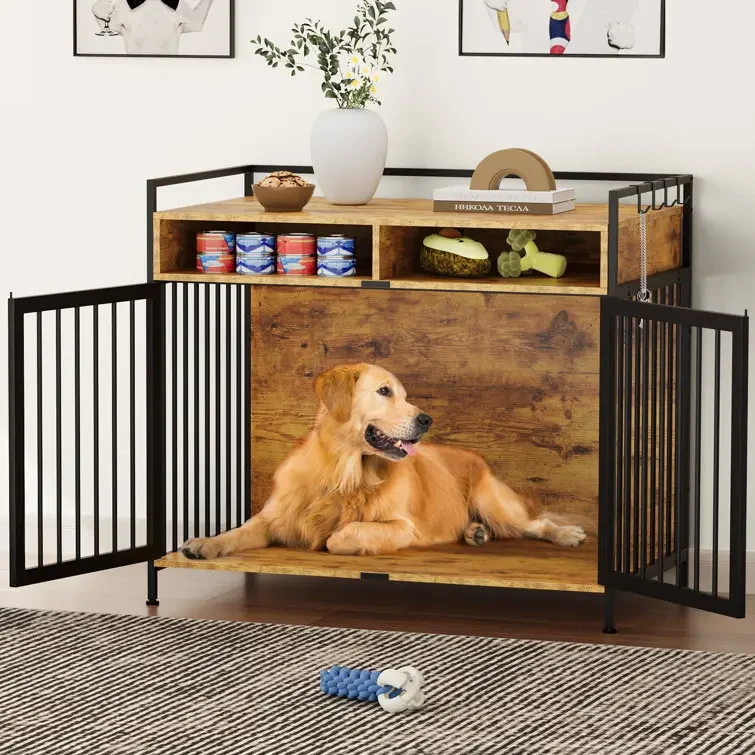 Large Dog Crate Furniture Heavy-duty Indoor Pet House Dog Kennel with Storage Door and Anti-chew Function