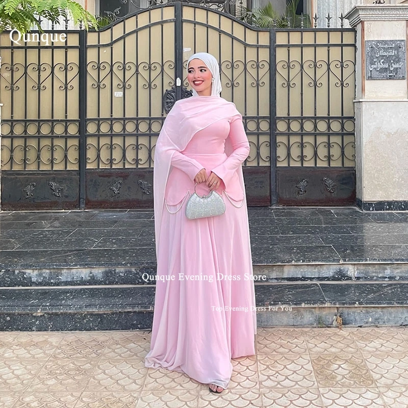 

Qunque Pink Chiffon Evening Dress High Neck A Line Prom Gown With Cape Pearls Arabic Vestidos De Fiesta Elegantes Customized