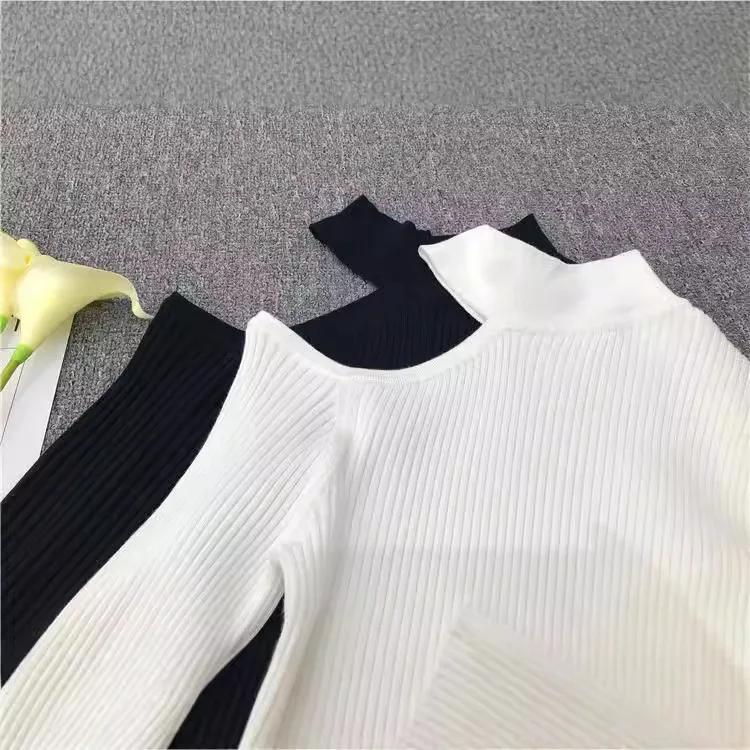571 Otoño Invierno nueva moda medio cuello alto fuera del hombro Slim Fit Top de punto ropa interior
