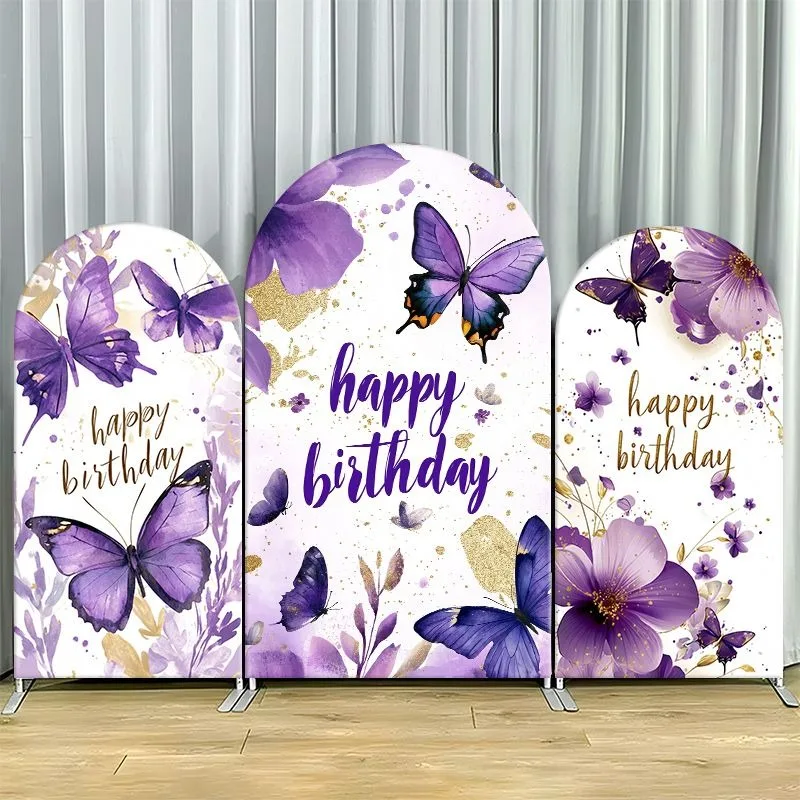 

Single Side Arch Backdrop Cover Elegant Purple Butterfly Theme Birthday Background Banner Set Featuring Floral Motifs Gold