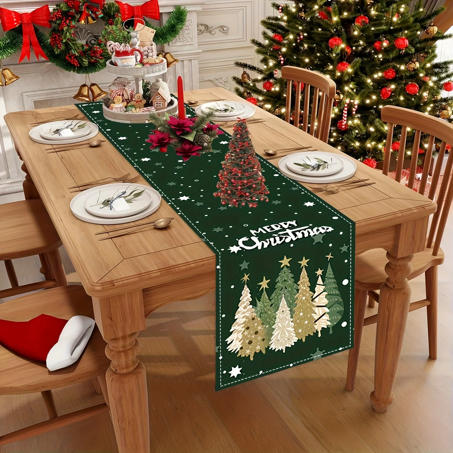Merry Christmas Trees Snowflakes Linen Table Runner Party Decor Winter Xmas Kitchen Dining Table Runners Christmas Decorations