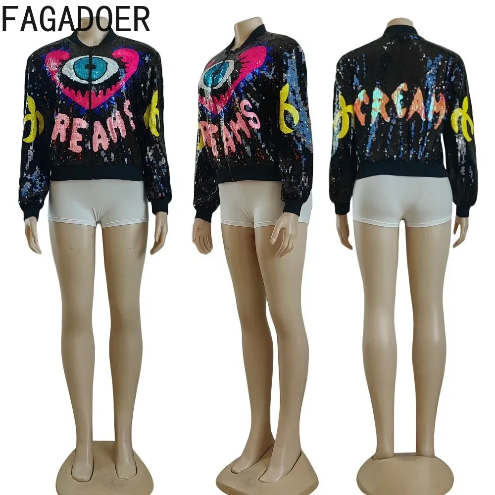 FAGADOER moda paillettes lettera stampa cappotti donna girocollo manica lunga cerniera Slim top Casual femminile Party Club abbigliamento