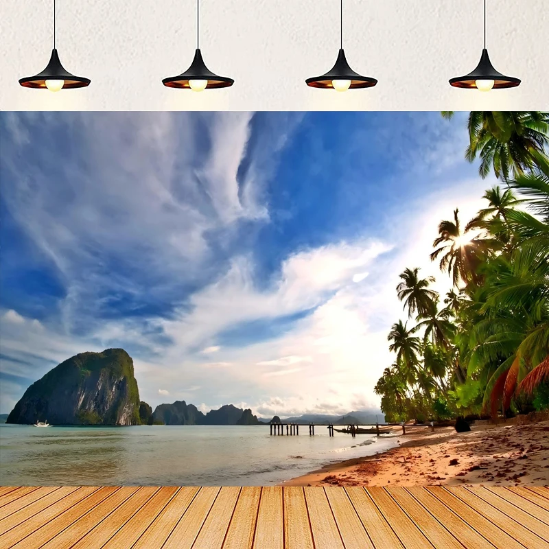 

Summer Tropical Beach Photography Backdrop Seaside Island Trees For Picture Blue Sea Sky Luau Party Decor Background Banner