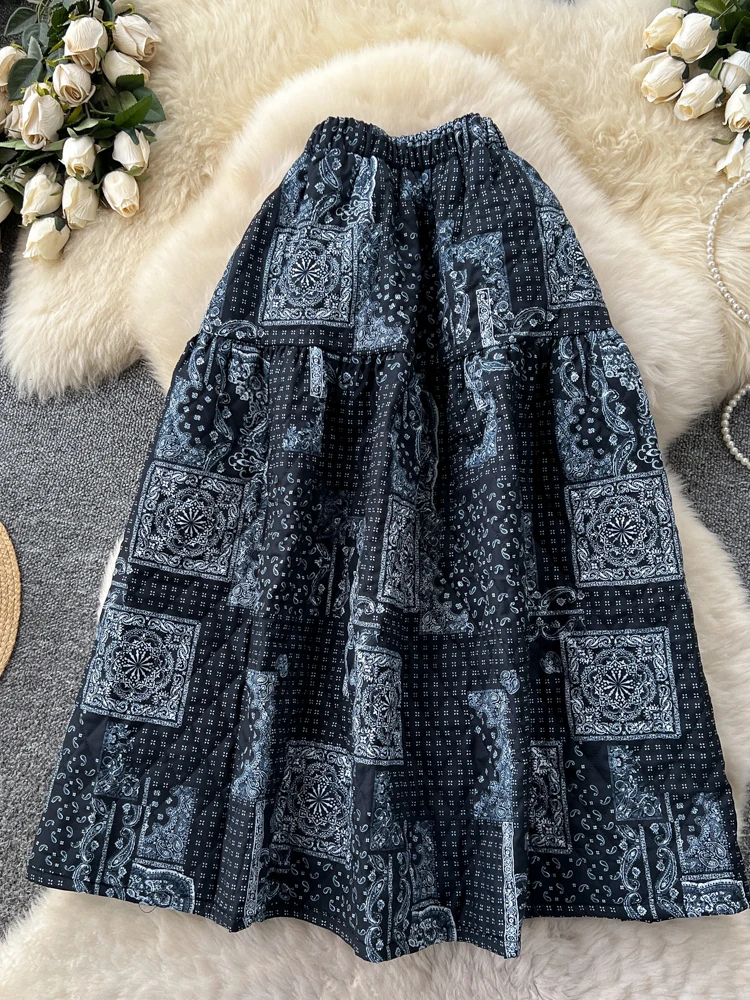 Ele Cotton Insert Diamond Print f Gonna Gonna a trapezio gonfia da donna Vita alta Dimagrante Autunno Inverno Faion Ci Pendolarismo