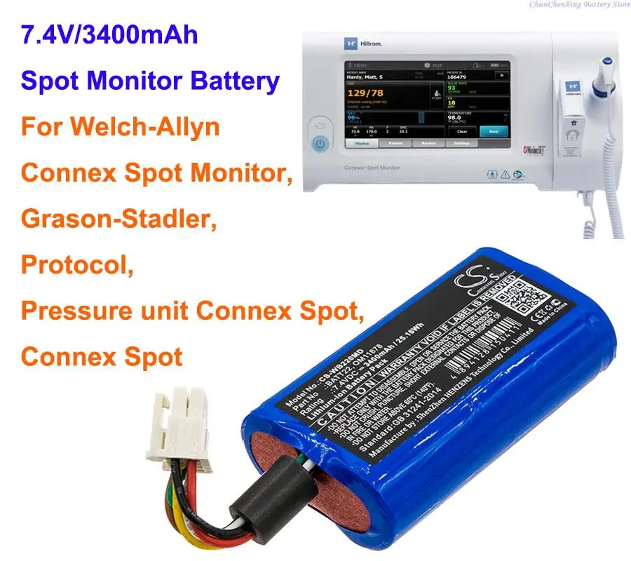 Cameron sino 3400mAh Battery for Welch-Allyn Connex Spot Monitor,Grason-Stadler,Protocol,Connex Spot,Pressure unit Connex Spot