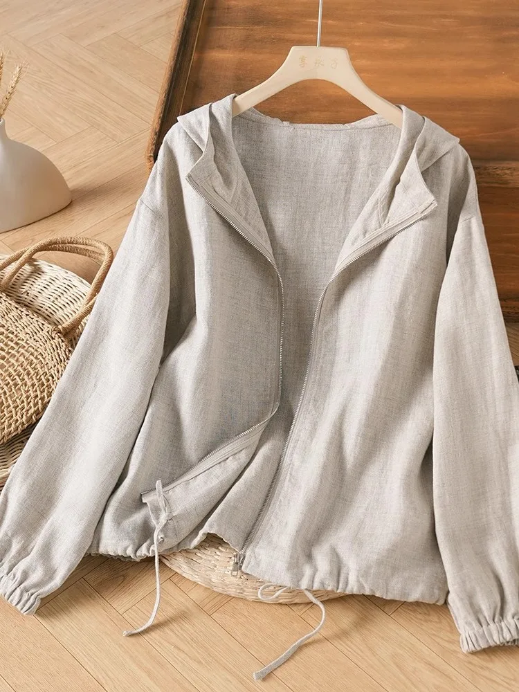 

Casual Cotton Linen Hooded Jaet Women's Batwing Sve Cover up Sun Protection Spring Faion Vintage Loose Fit irt