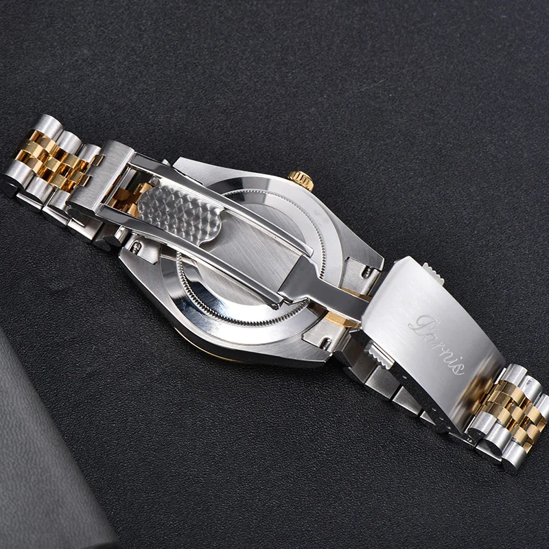 Fashion Parnis 39.5mm Gold Dial Automatic Mechanical Men Watches Calendar Sapphire Glass Men\'s Watch Stainless Steel Strap Clock