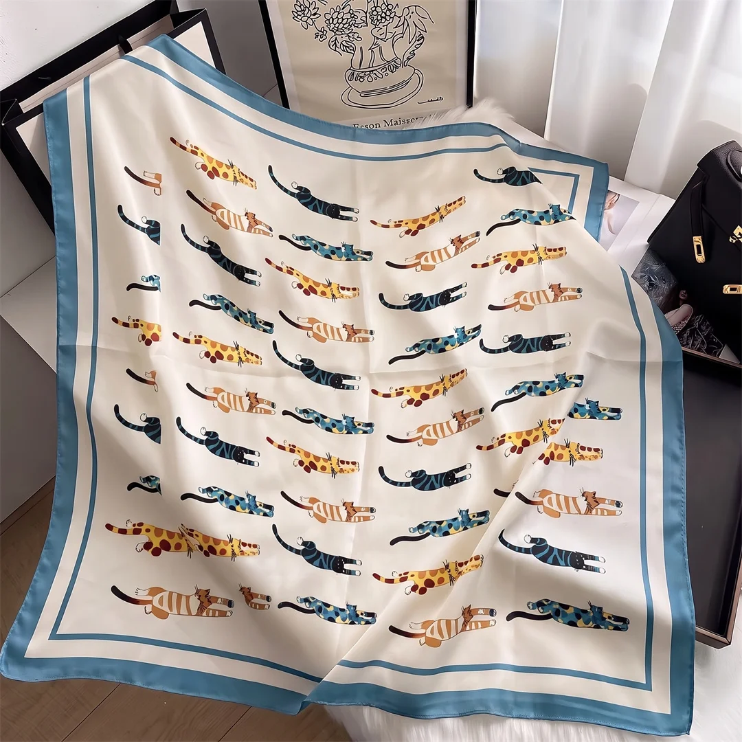 90cm Luxury Brand 2026 Silk Square Scarf Women Cat Neck Hair Tie Band Beach Hijab Kerchief Head Headbands Bandana Female Foulard