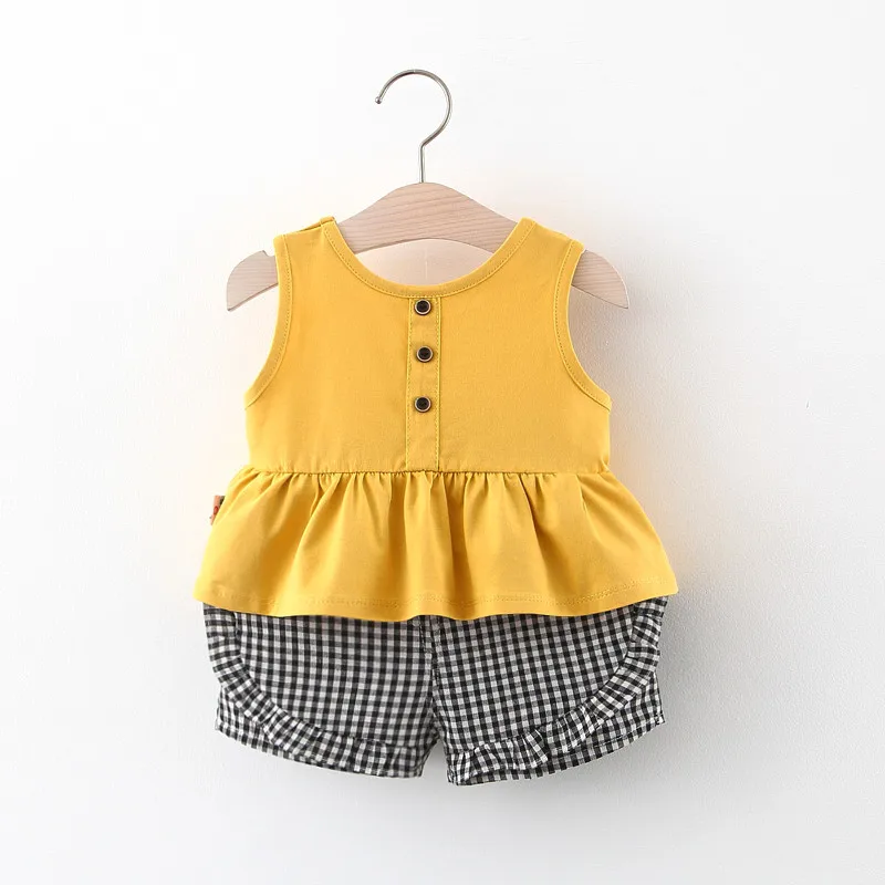 

2Pcs/Set Baby Girls Solid Color Sleeveless Children Clothes Suit Summer Plaid Shorts Toddler Kids Costume 0 To 3 Y Infant Wear