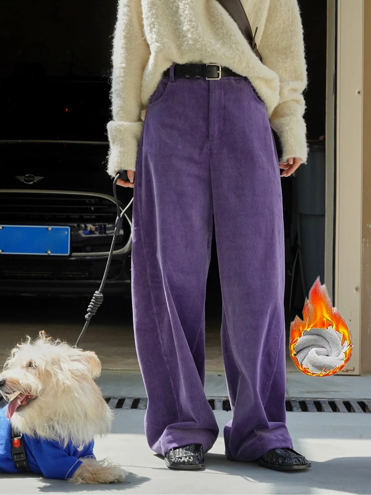 2024 Women Streetwear Fashion Trending Purple Corduroy Baggy Pants for Office Wear Korean Style Fleece Lined Fall Winter Clothes