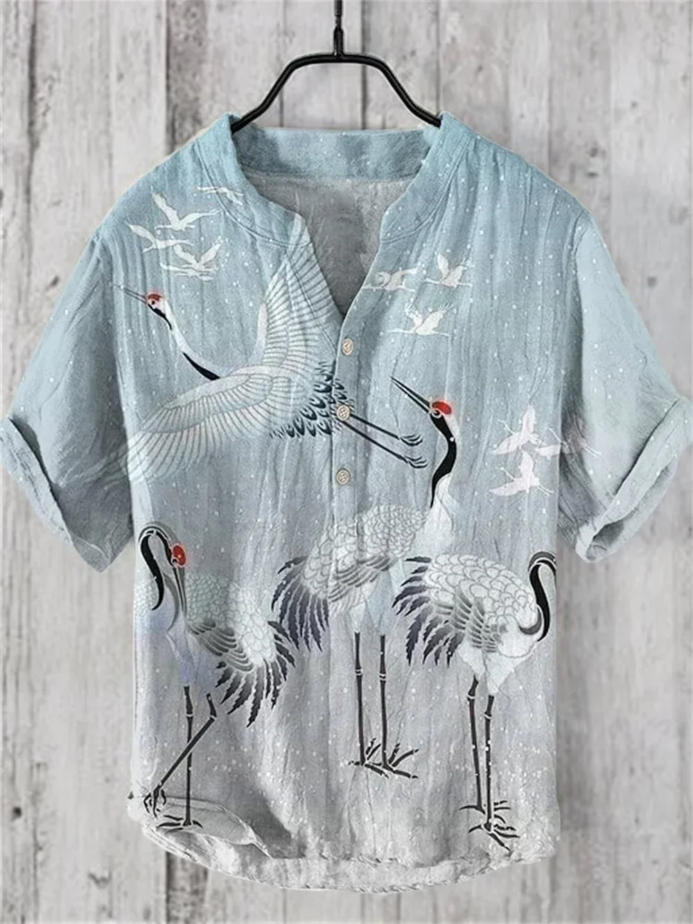 Men's linen short sleeved shirt, 3D printed antique fish, casual Hawaiian breathable Henry neck shirt, plus size, new, 2024