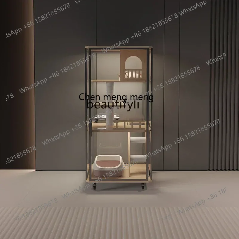 new Panoramic Cat Villa Cat Cabinet Automatic Litter Box Indoor Solid Wood Luxury Glass Transparent ss 8617
