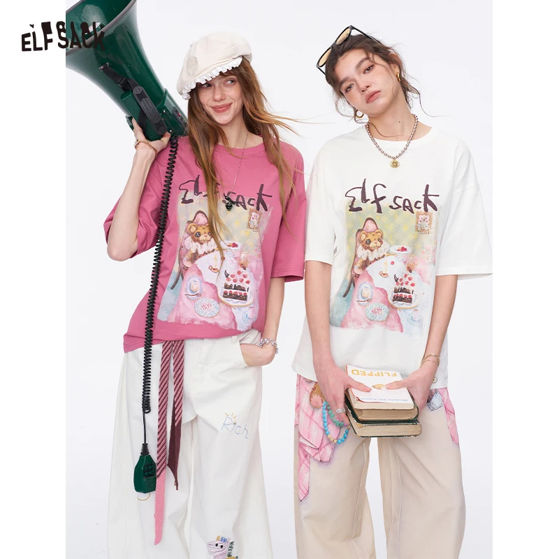 ELFSACK Women's Sweet Short Sleeve Graphic Tee with Cute Print, T-Shirt with Multiple Color Options, Loose Casual Autumn Top
