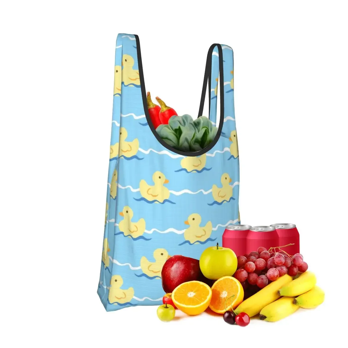 Cute Duck Swimming Seamless Pattern Portable Tote Shopping Bags Reusable Shopper Bag Groceries Handbag Shoulder Bag